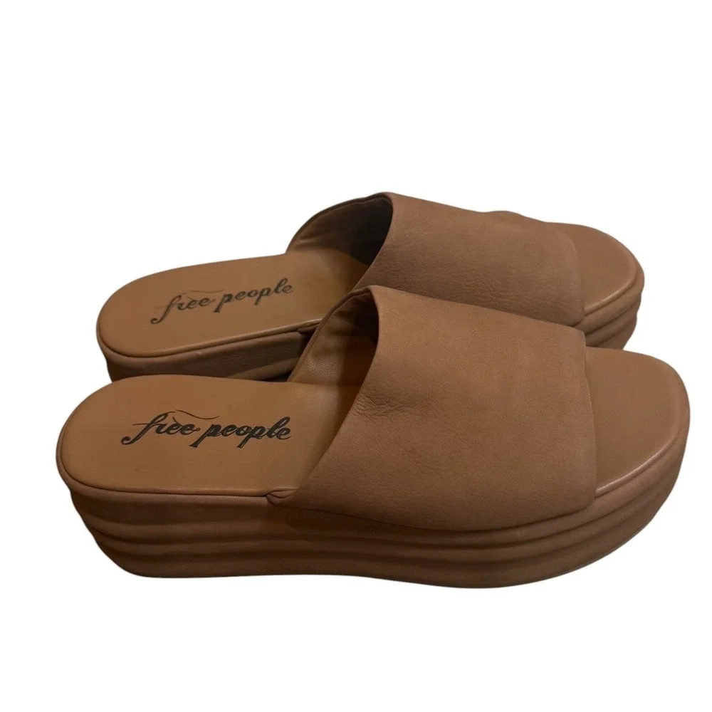 Free People Tan Leather Platform Slide Sandals Wedge Open Toe Womens 8